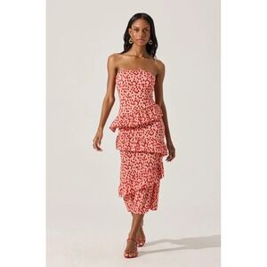 ASTR The Label Midi Dress Women L Pink Red Cheery Asymmetrical Tiered Ruffle NWT